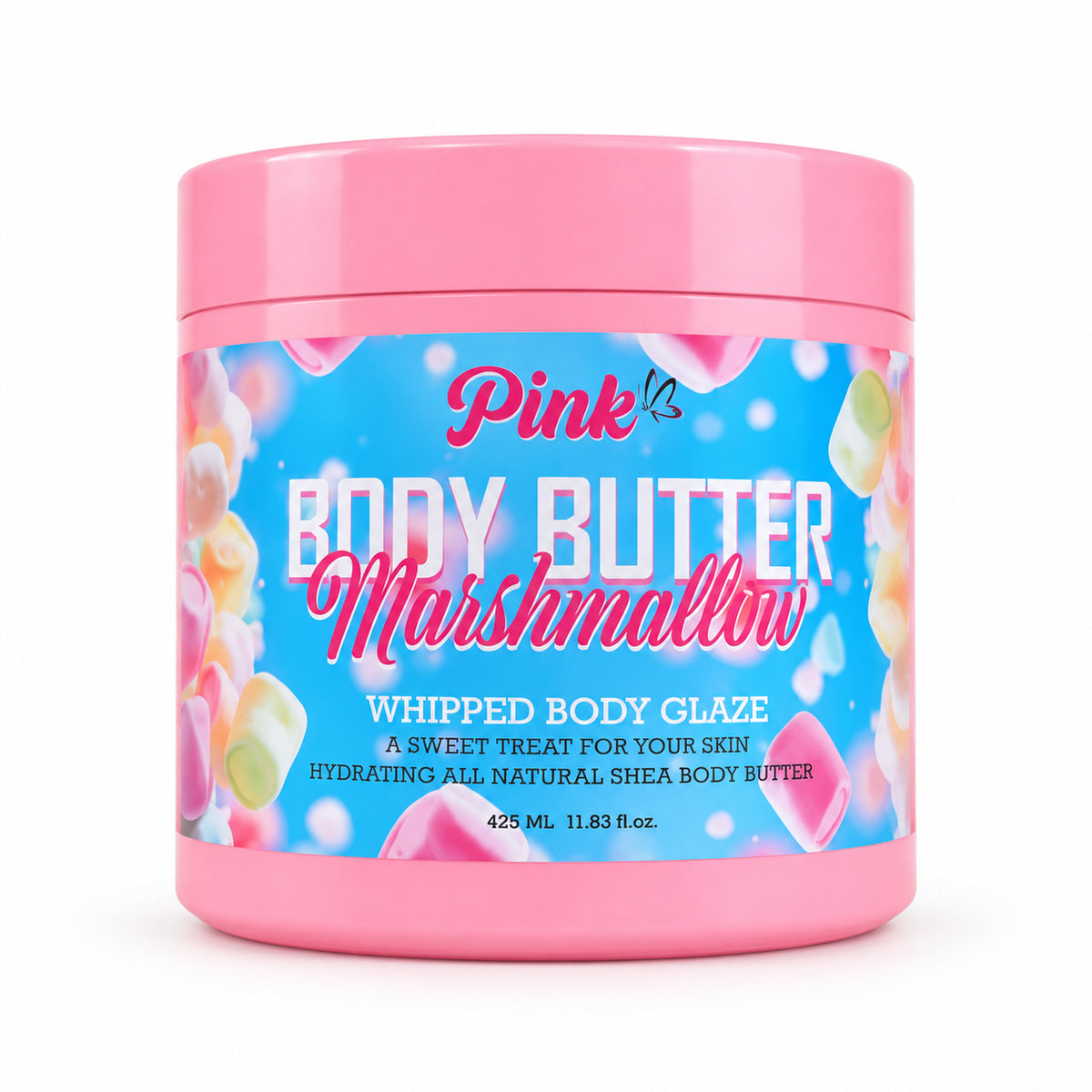 Little Pink Marshmallow Body Butter 425 ml, pink jar with blue marshmallow label, front studio image