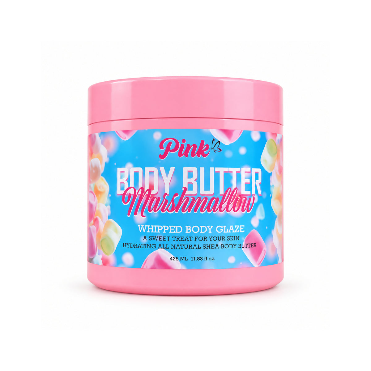 Little Pink Marshmallow Body Butter 425 ml pink jar centered on white background
