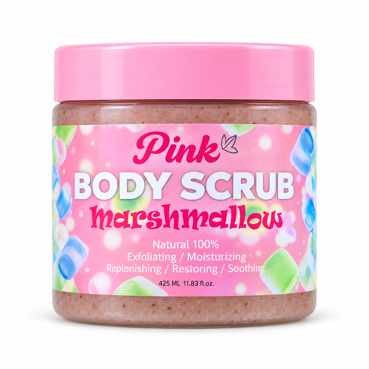 Little Pink Marshmallow Body Scrub 425 ml pink jar, studio white-background front view