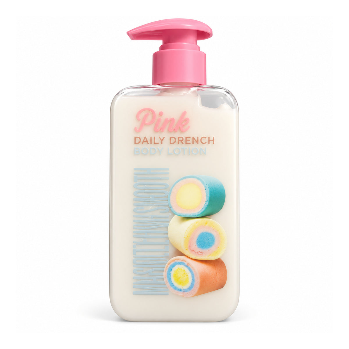 Little Pink Marshmallows Daily Drench Body Lotion 200 ml front of ivory bottle with pink pump and pastel marshmallows on white background