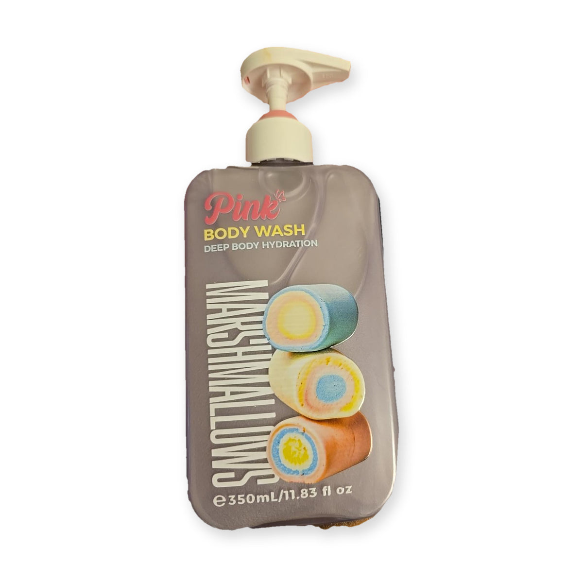 Little Pink Marshmallows Body Wash 350 ml original gray-purple pump bottle with pink logo and marshmallow graphics against white background