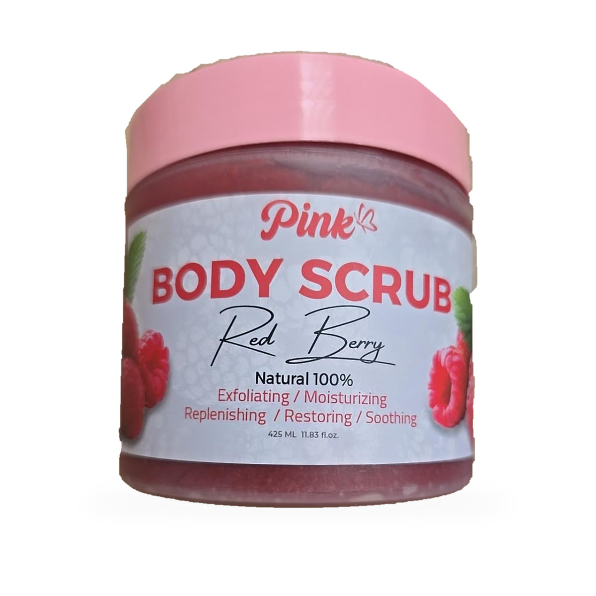 Little Pink Red Berry Body Scrub 425 ml original pink-lidded jar showing raspberry label, isolated on white background