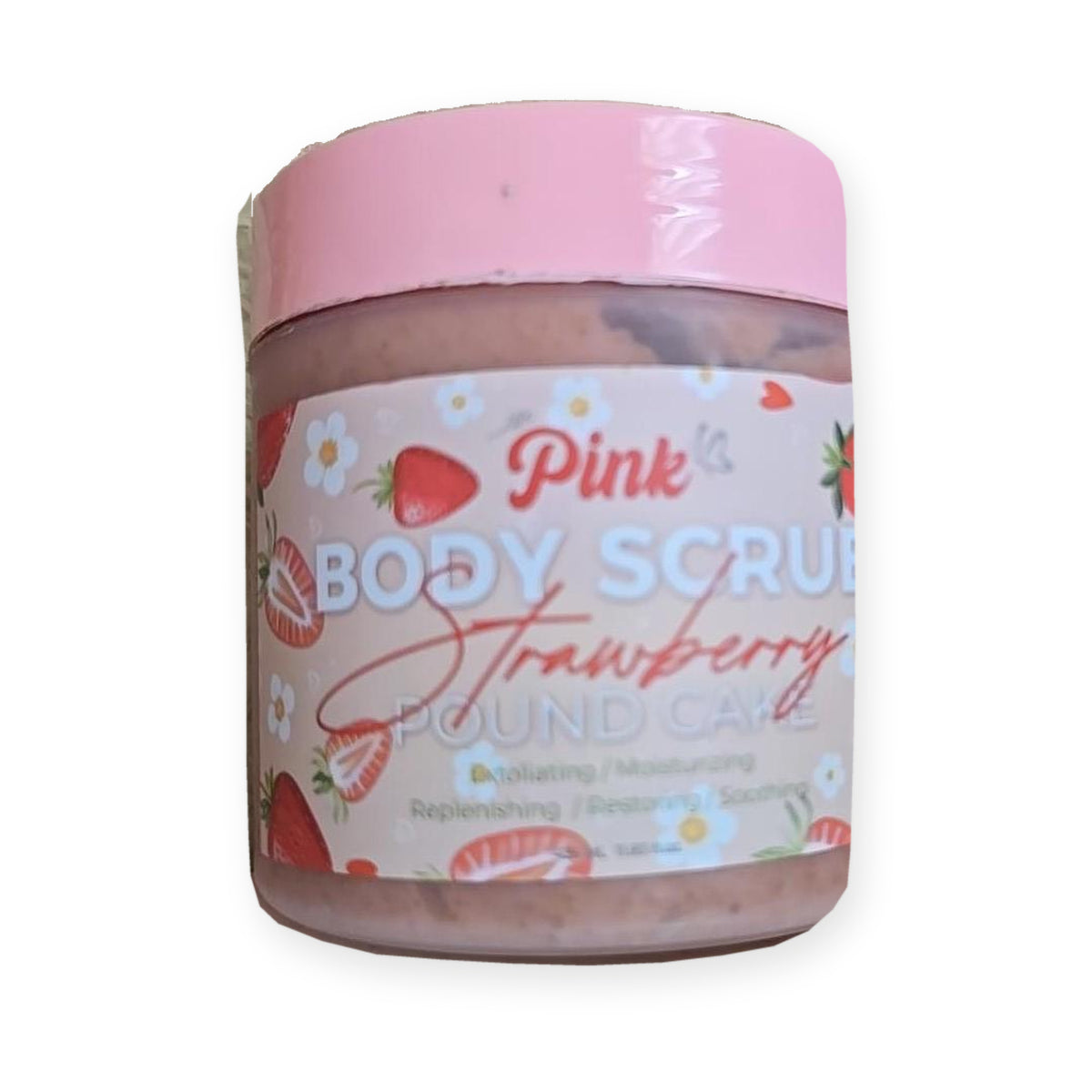 Little Pink Strawberry Pound Cake Body Scrub 425 ml jar with pink lid and strawberry label, photographed against white background