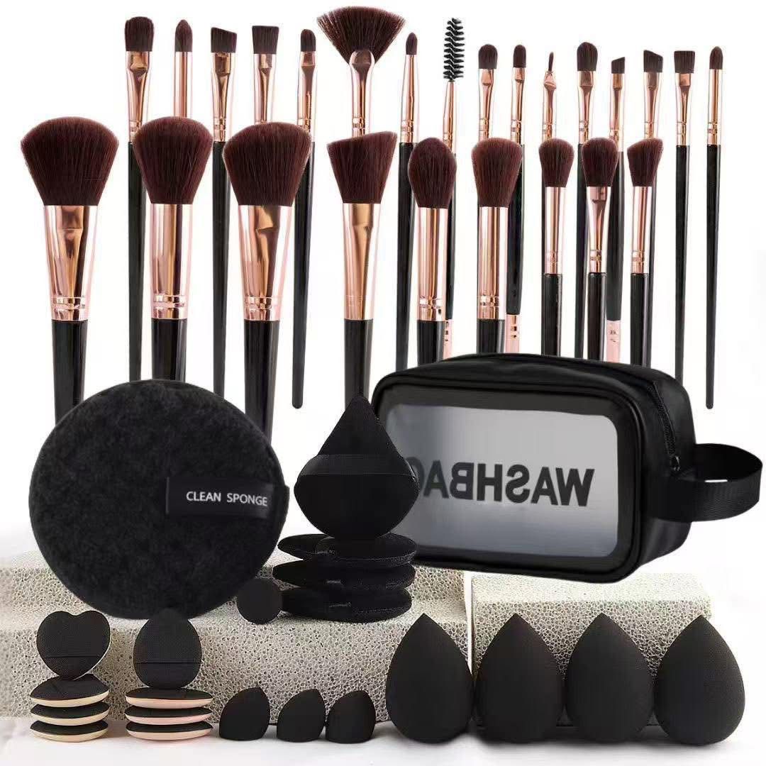 Midnight makeup brush and sponge set with travel pouch and puffs