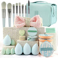Mint makeup brush and sponge travel set with bag, puffs and headband