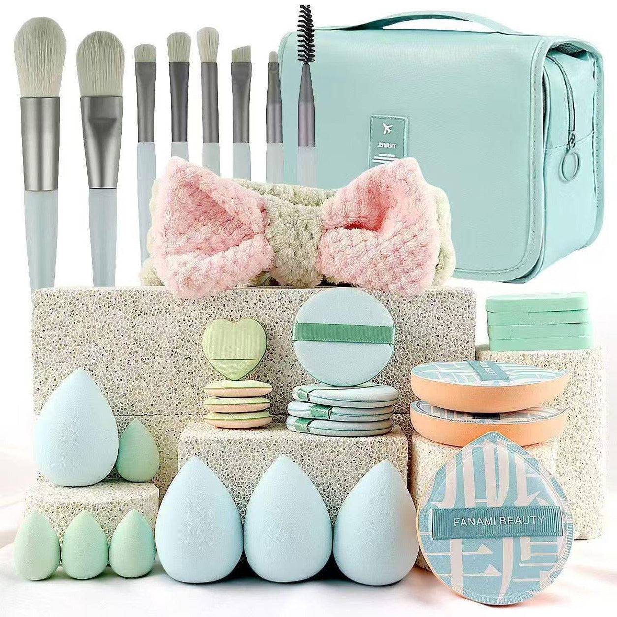 Mint makeup brush and sponge travel set with bag, puffs and headband