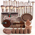 Mocha makeup brush and sponge beauty set with patterned travel bag and puffs