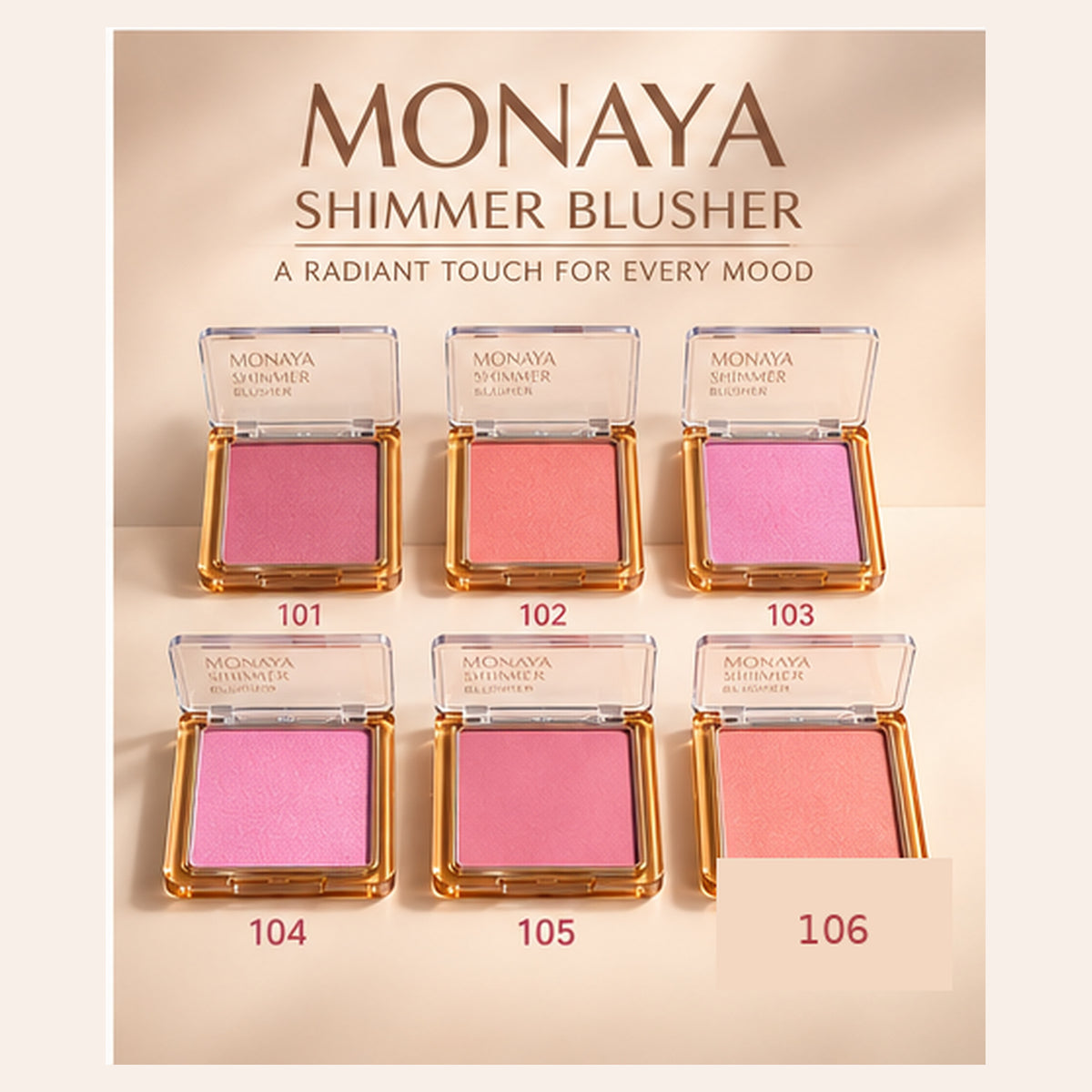 Monaya Shimmer Blusher shades 101–106