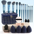 Navy blue makeup brush and sponge set with storage bag and puffs