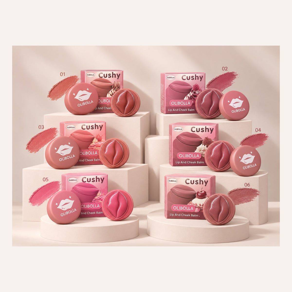 OLIBOLLA Cushy Lip and Cheek Balm six shade editorial