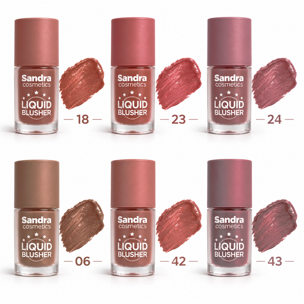 Sandra Cosmetics Liquid Blusher shades 18 23 24 06 42 43 – color accurate shade guide