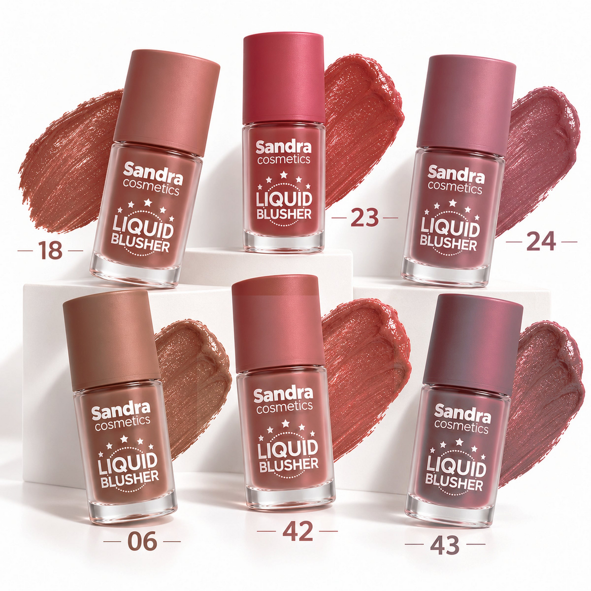 Sandra Cosmetics Liquid Blusher all six shades – editorial