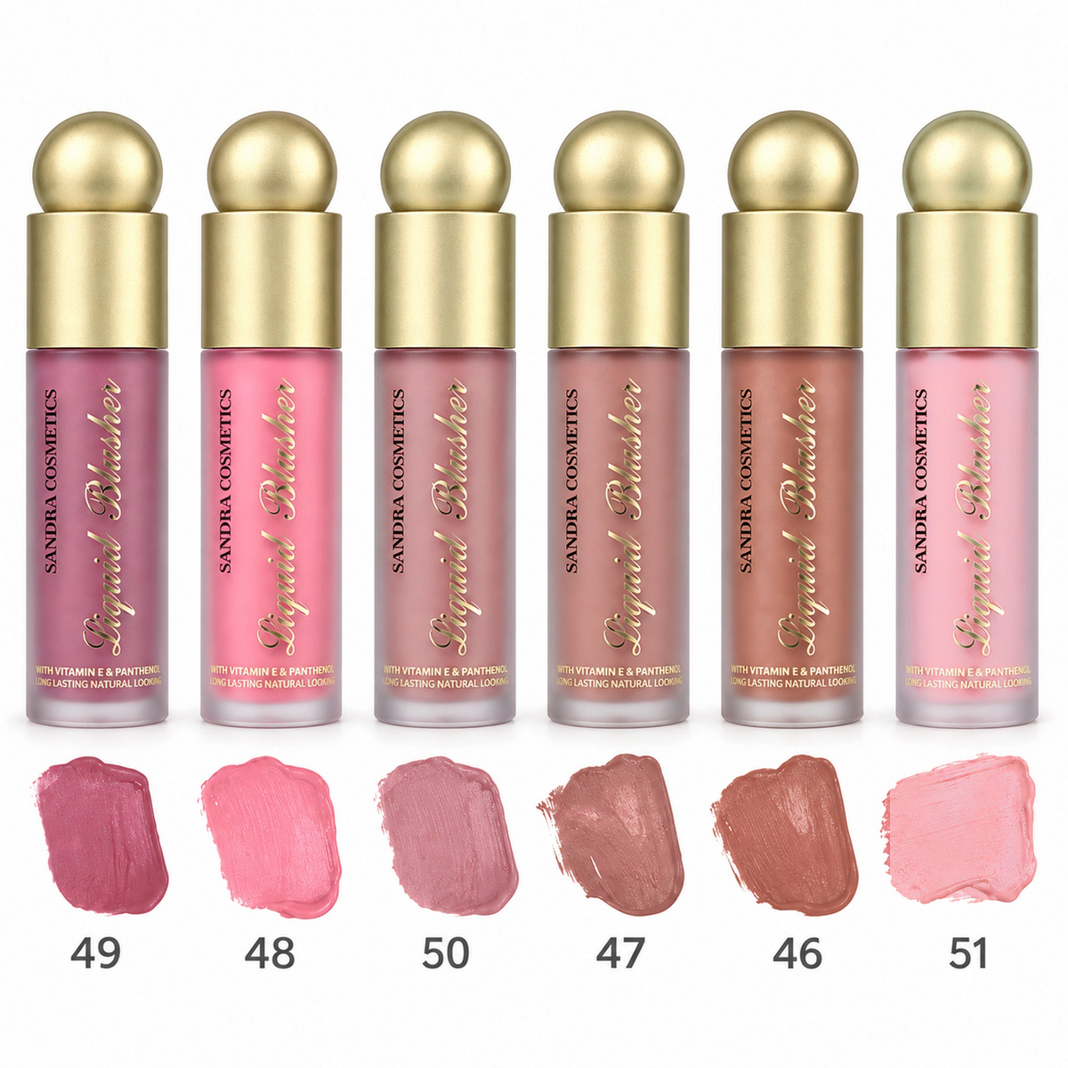 Sandra Cosmetics Vitamin E and Panthenol Liquid Blusher shades 49 48 50 47 46 51 – color accurate shade guide