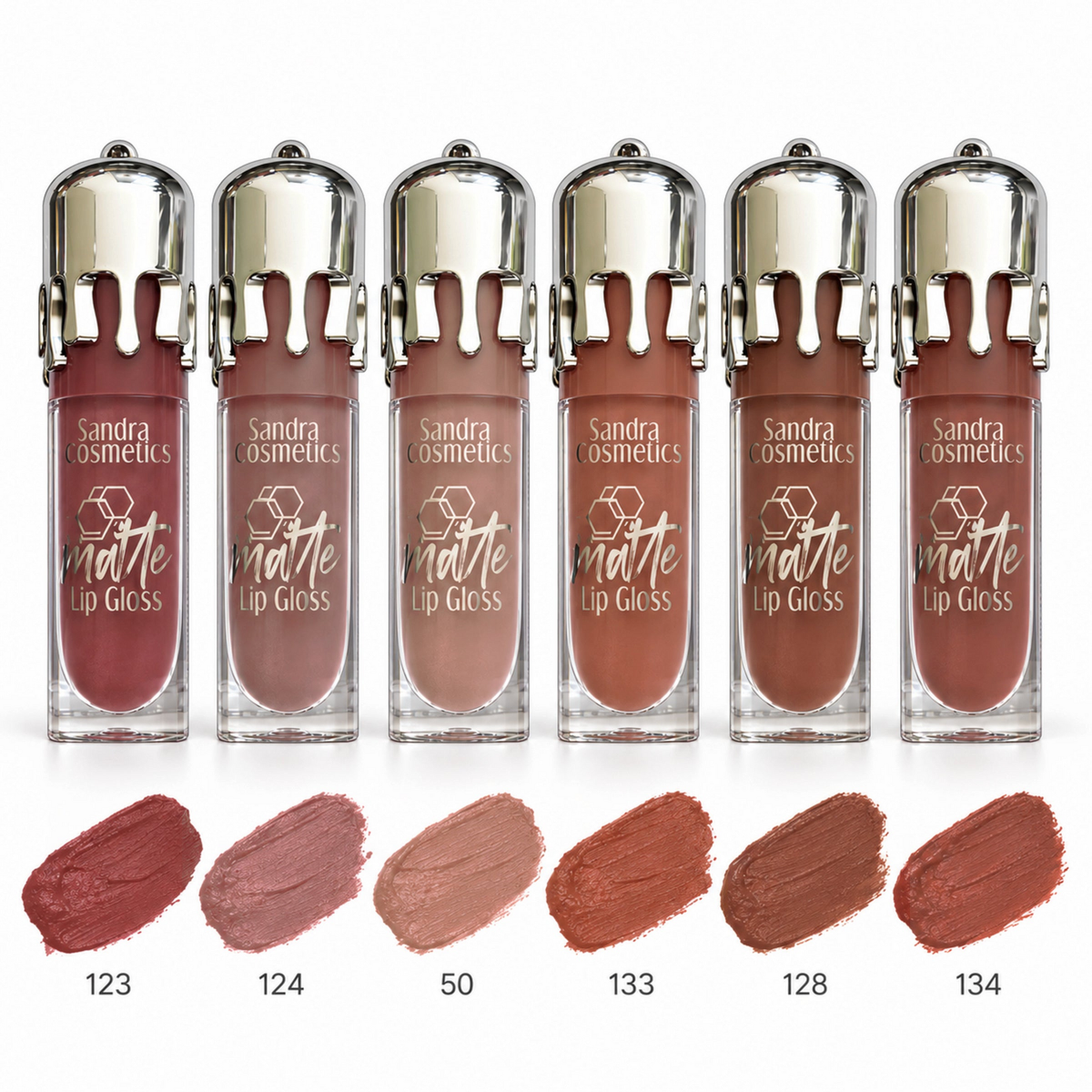 Sandra Cosmetics Matte Lip Gloss six shades 123 124 50 133 128 134 – color accurate shade guide