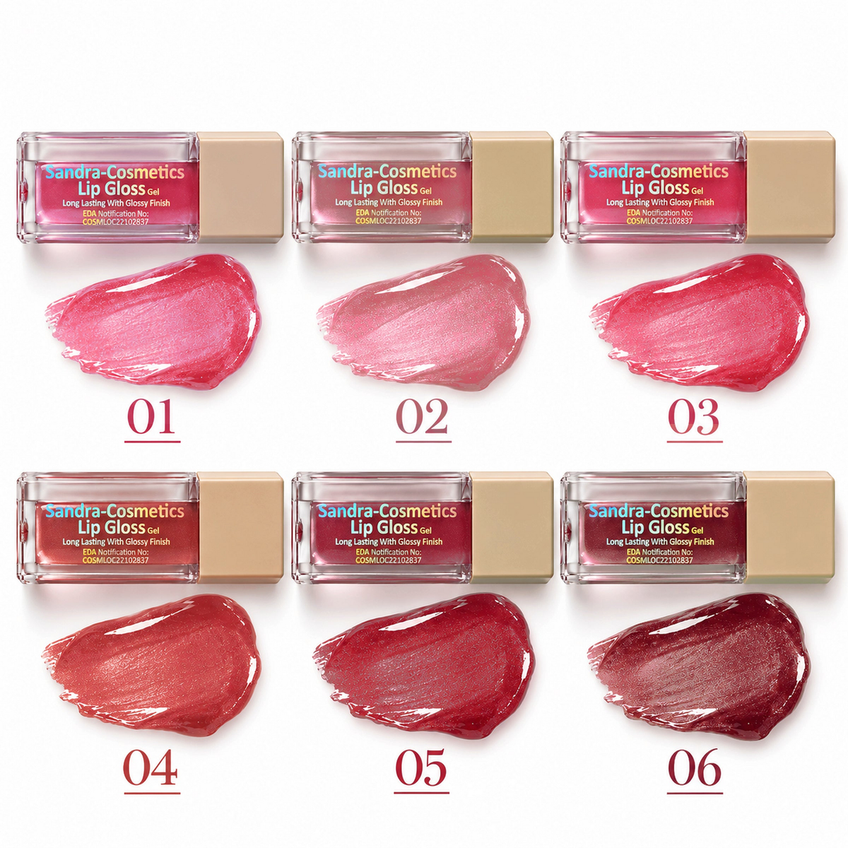 Sandra Cosmetics Lip Gloss Gel shades 01 02 03 04 05 06 – color accurate shade guide