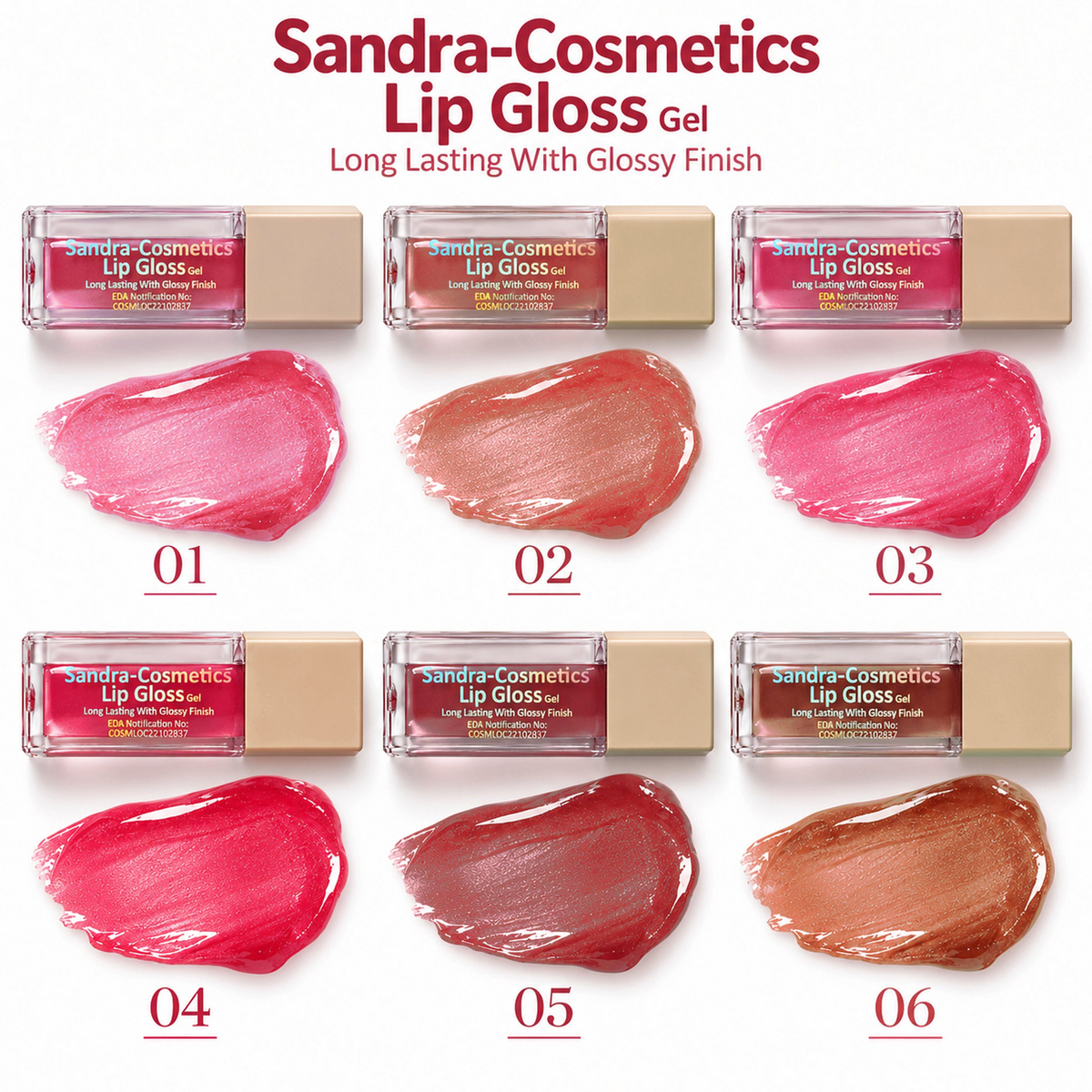 Sandra Cosmetics Lip Gloss Gel shade comparison 01 to 06