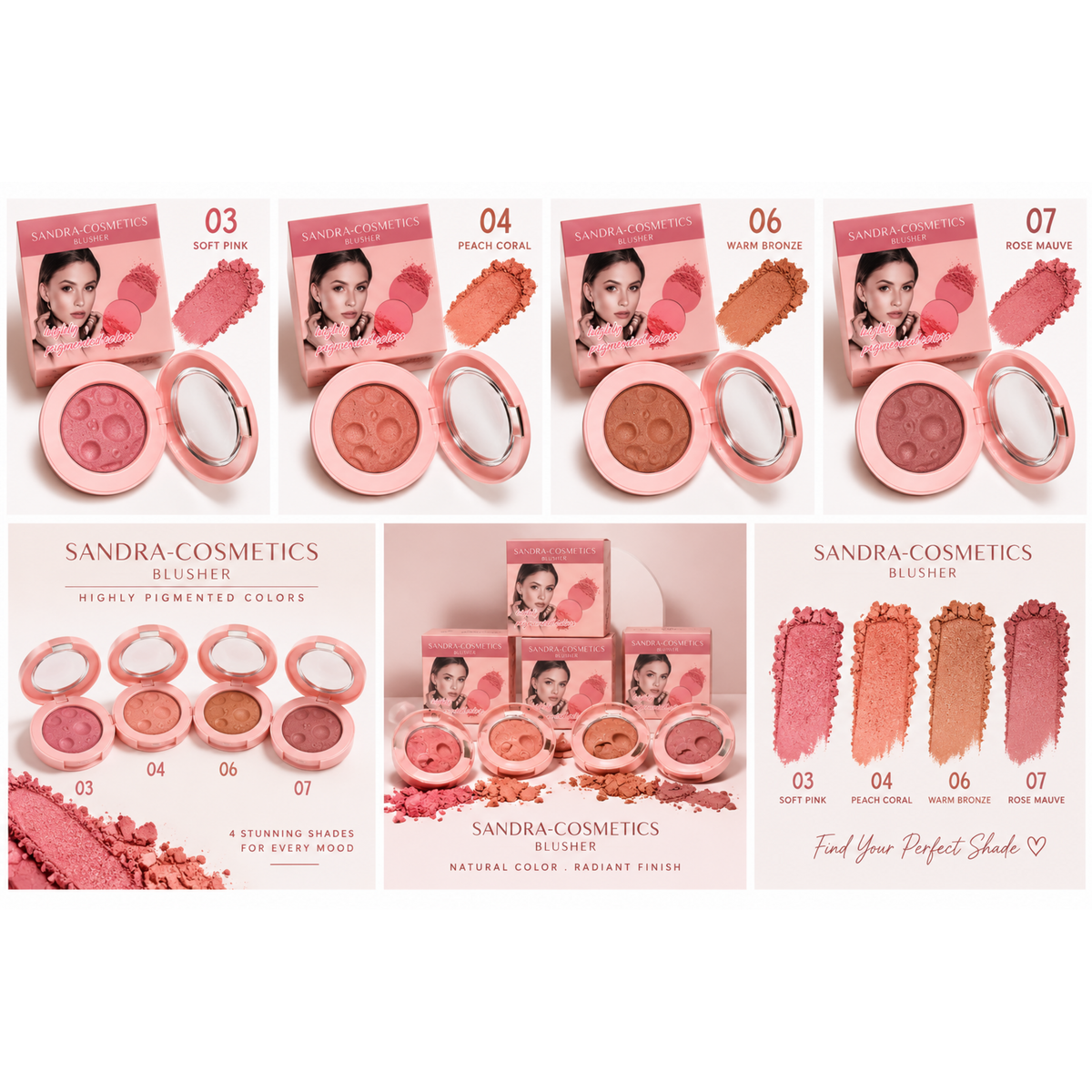 Sandra Cosmetics Blusher SC617A shades 03 04 06 and 07