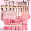 Pink makeup brush and sponge beauty set with travel bag, puffs and cleaning mat