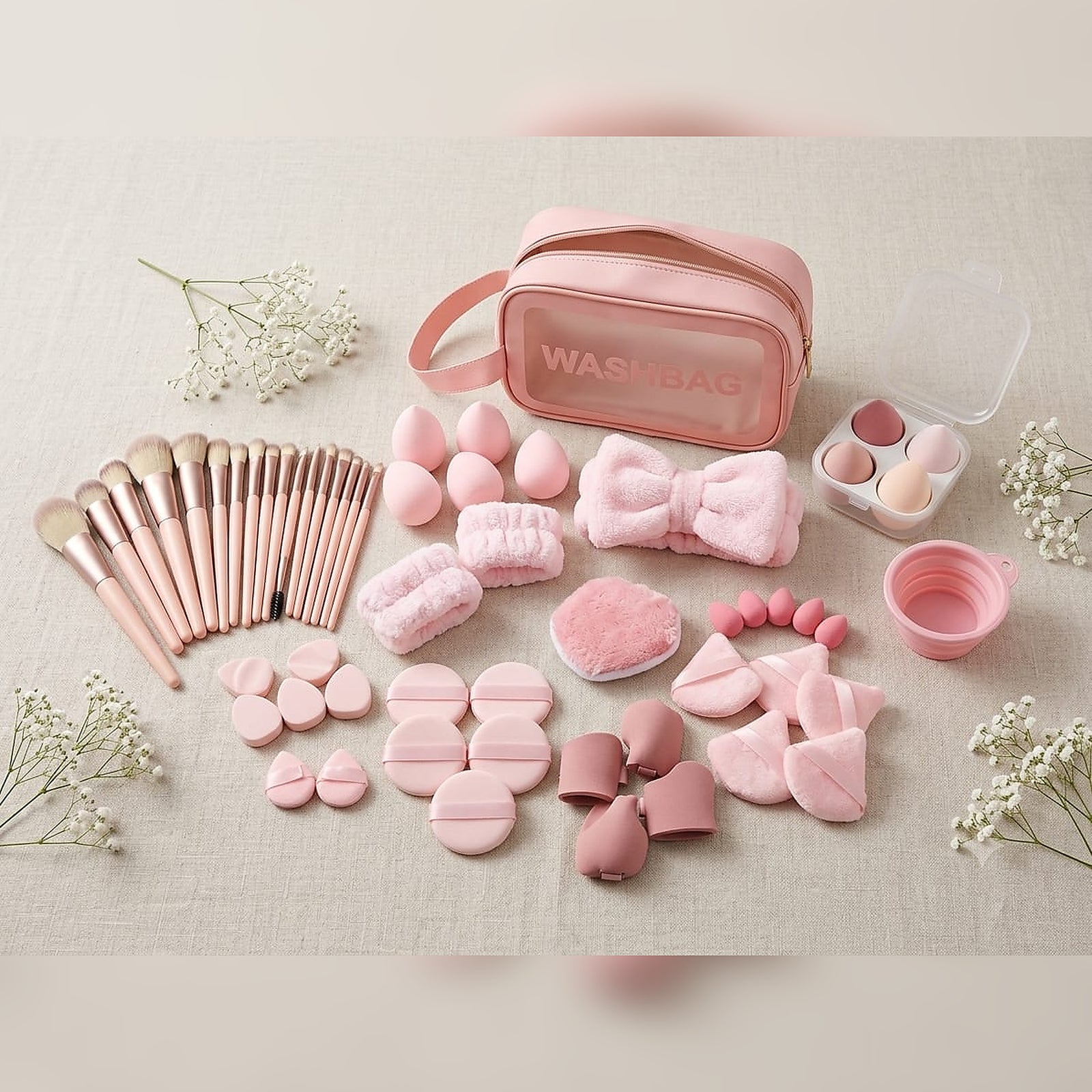 Pink washbag complete makeup tools set with brushes sponges puffs headband and accessories