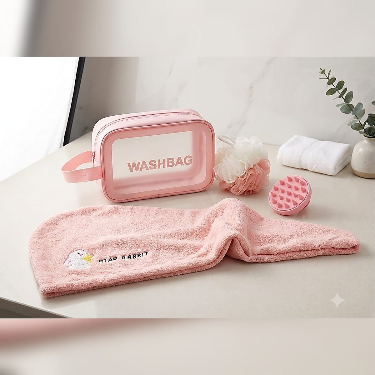 Pink washbag towel bath accessories set with bath sponge and scalp brush