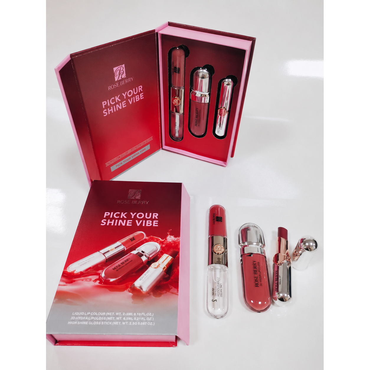 Rose Berry Pick Your Shine Vibe lip set clean box shade A