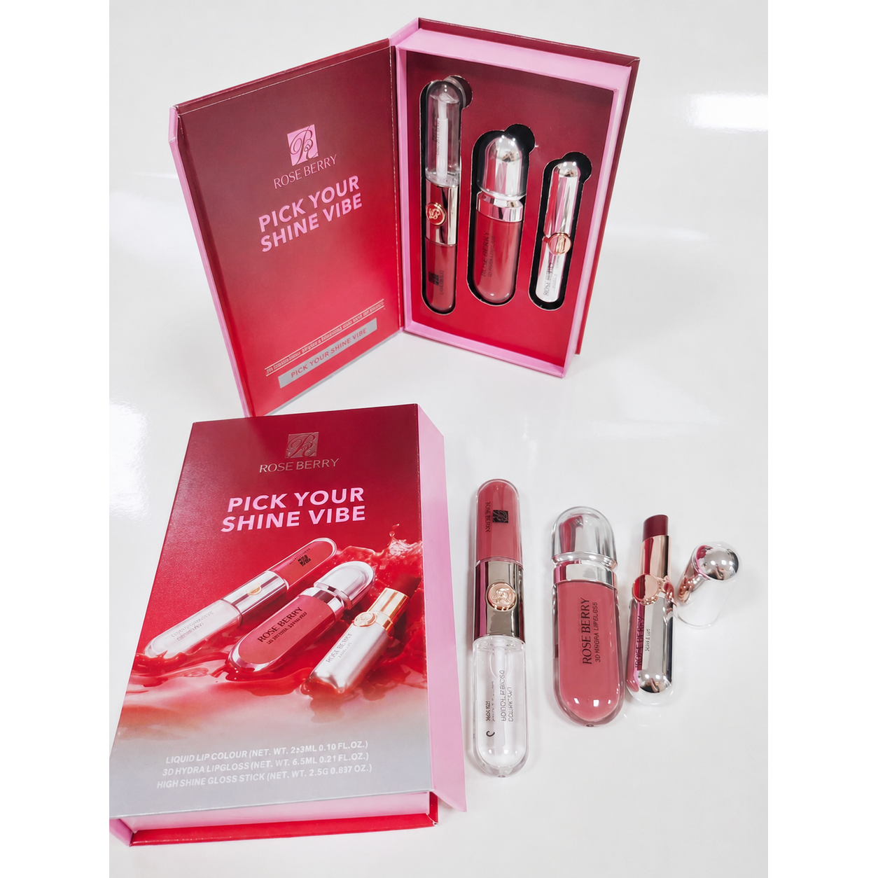 Rose Berry Pick Your Shine Vibe lip set clean box shade D
