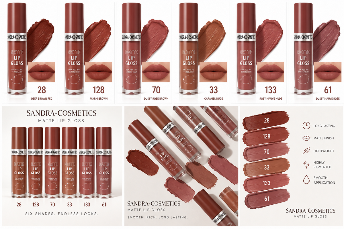 Sandra Cosmetics Matte Lip Gloss shades 28 128 70 33 133 and 61