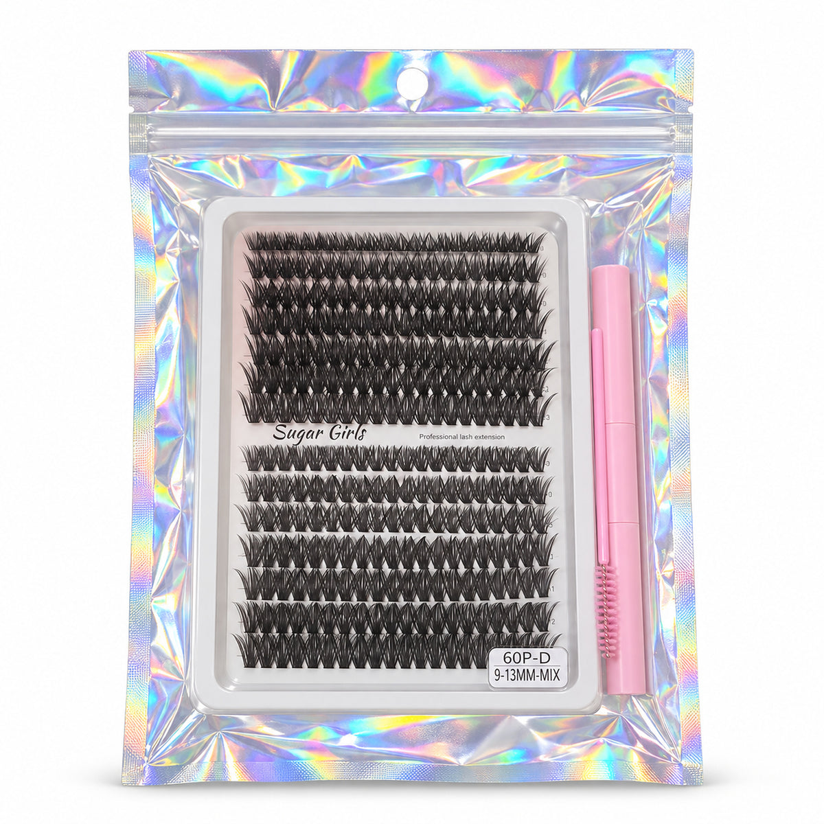 Sugar Girls 60P-D 9–13mm mix lash tray in holographic resealable pouch with pink tools, front view