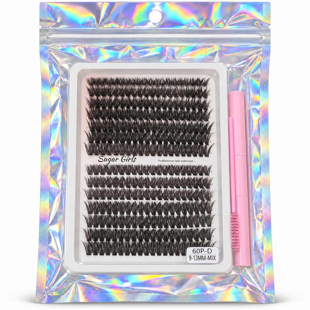 Sugar Girls professional lash extensions 60P-D, closer front pouch and lash tray view