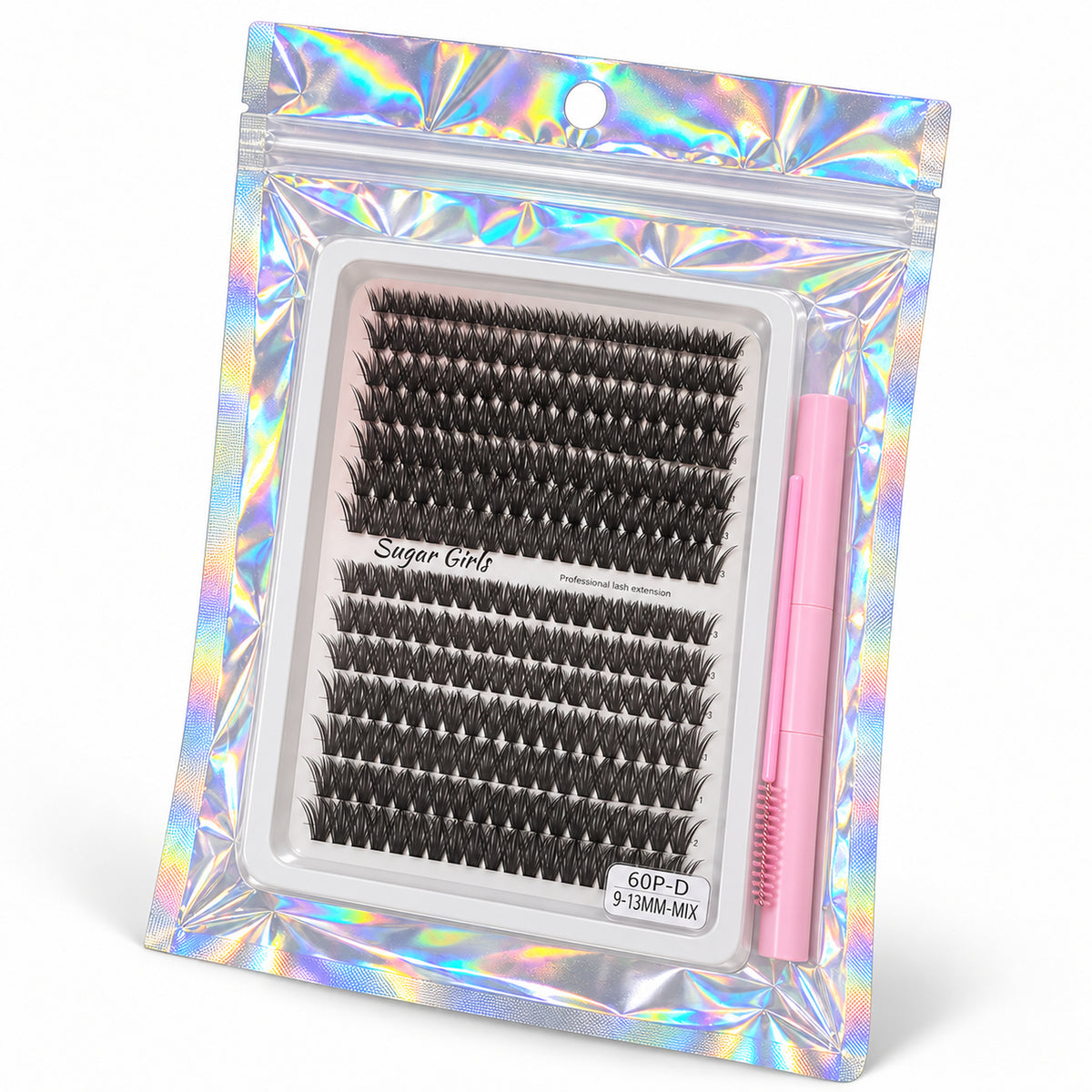 Sugar Girls 60P-D 9–13mm mixed lash extension tray and pink tools, horizontal product view