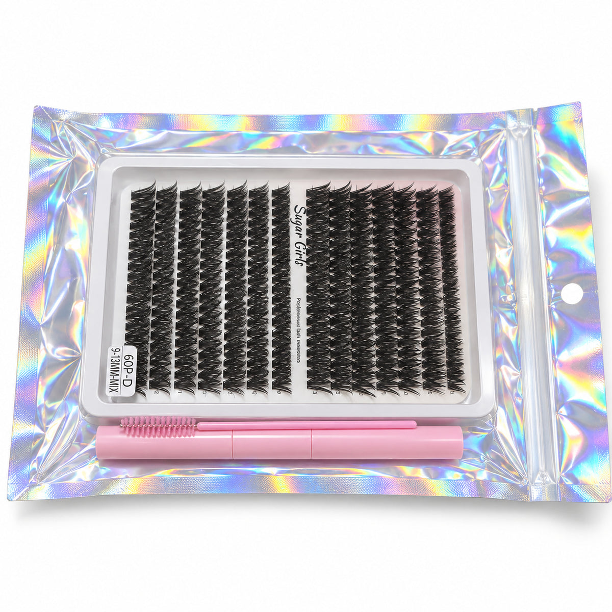 Sugar Girls 60P-D lash extension kit in holographic pouch, angled product view